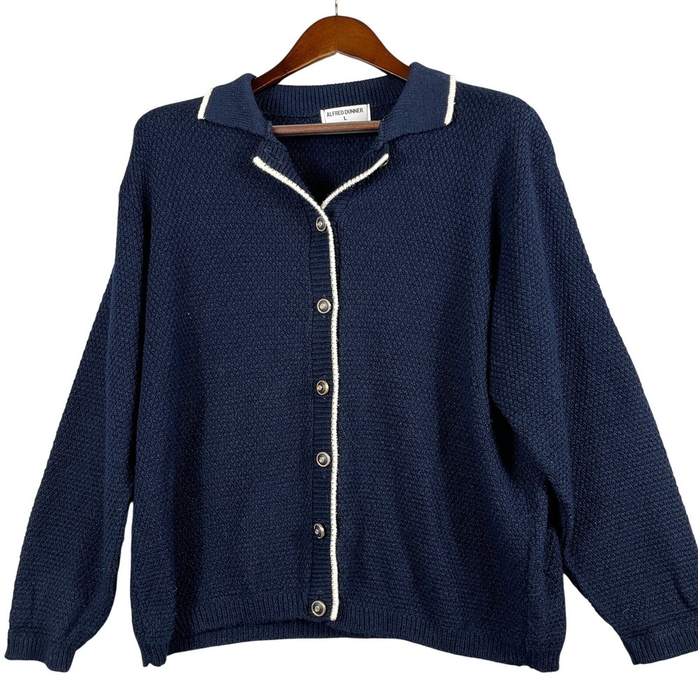 VTG Alfred Dunner Womens L Textured Knit Cardigan Navy Blue White Trim USA Made